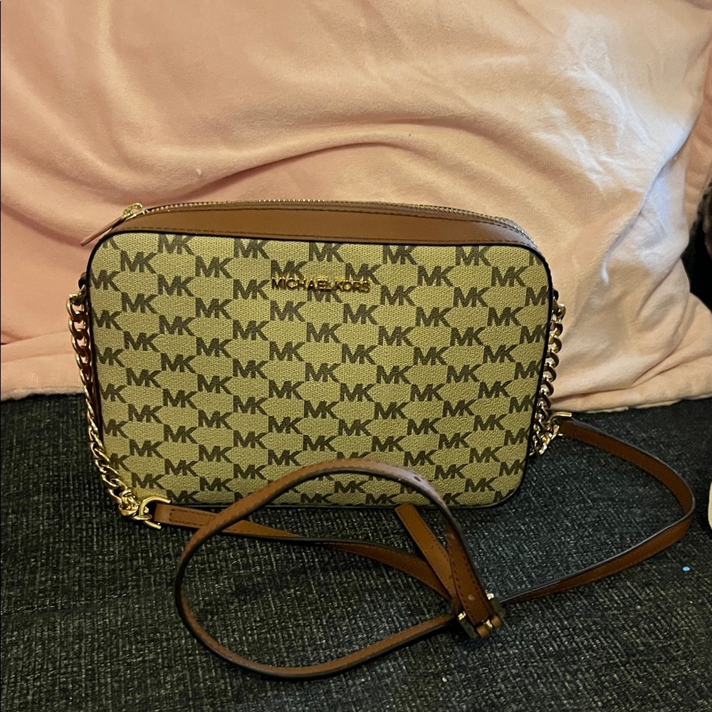 Michael Kors Tan and Brown Logo Crossbody Bag